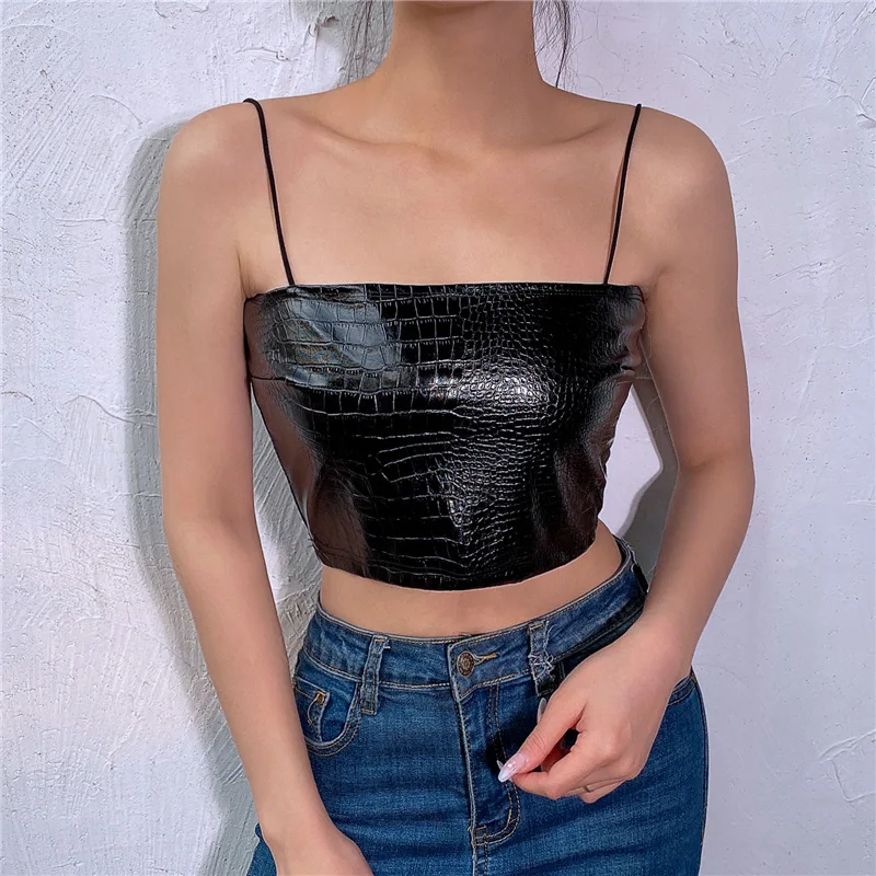 Арцу искусственная кожа PU Спагетти ремень Cami Top Tee Harajuku черный с открытой спиной укороченный Топ для женщин без Рукавов Летняя уличная одежда ASVE20957