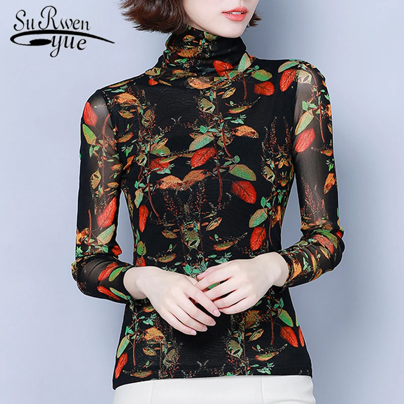 

Autumn 2019 New Fashion Elegant Women Blouses Casual Women Tops Printed Women Clothing Slim Fit Long Sleeve Turtleneck 6123 50