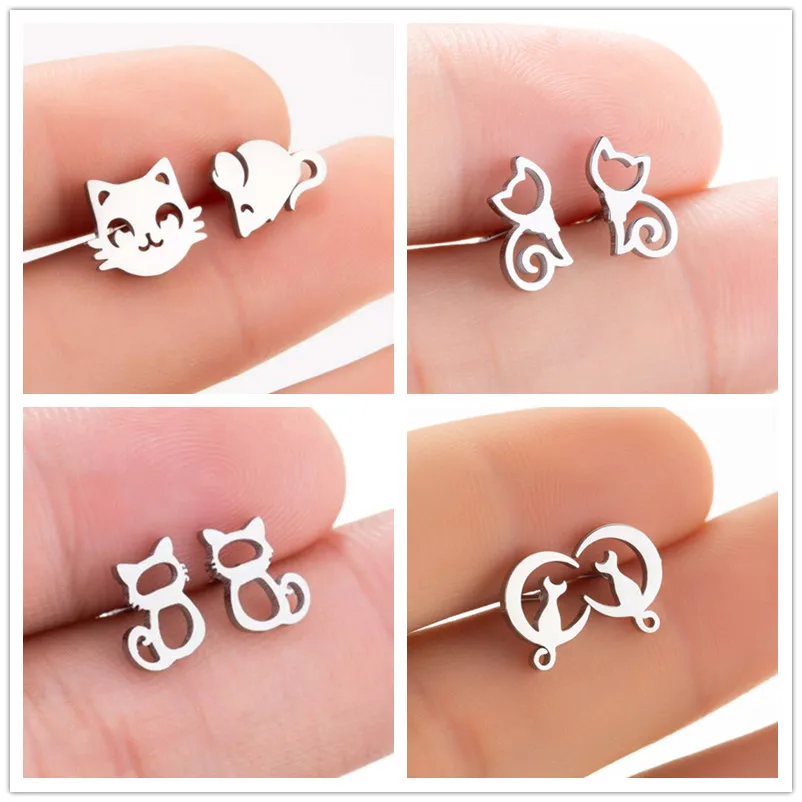 

Stainless Steel Silver Color Lovely Cat Earrings for Women Children Mini Cute Animal Pet Stud Earrings Birthday Gift