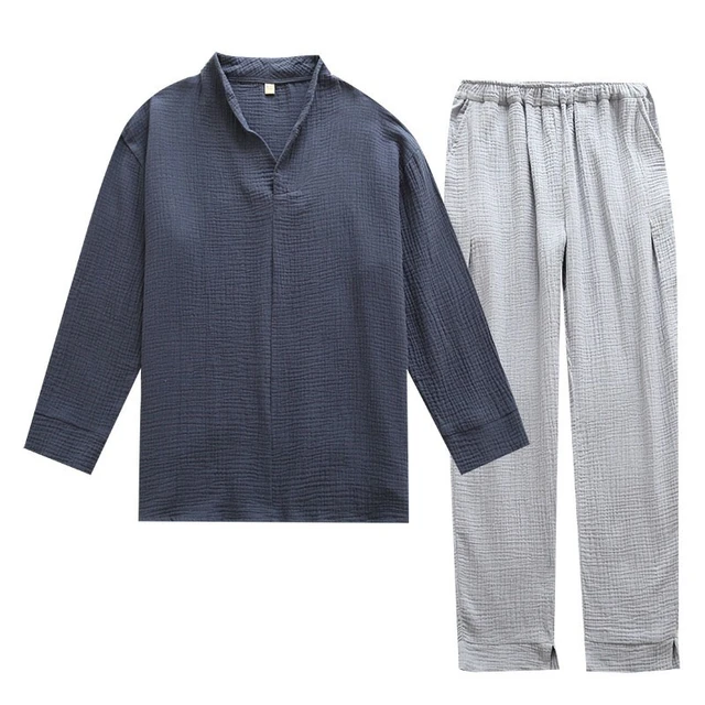 Autumn And Winter Men's Soft Solid Color Pajamas Set 100% Gauze Cotton Top+ Pants