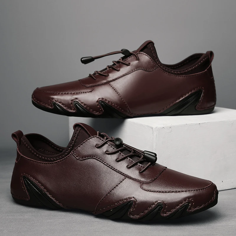 SusuGrace spring leather flat shoes for men casual lace-up sneakers comfortable soft loafers men lightweight zapatos de hombre