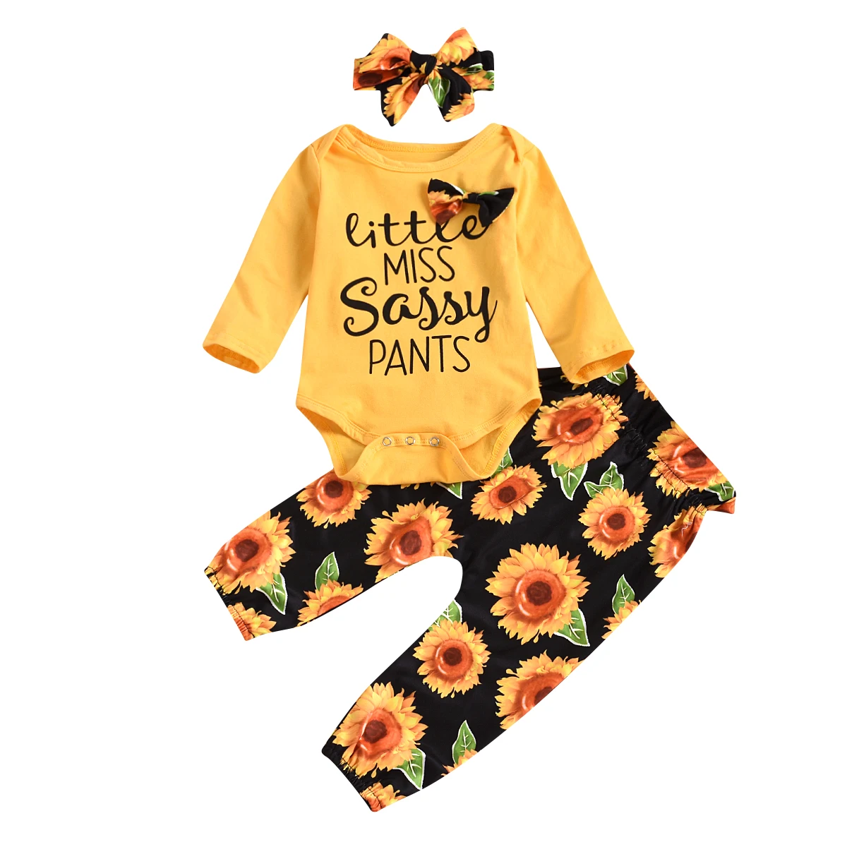

2020 New Fall Autumn 0-18M Infant Baby Girls 3Pcs Set SASSY PANTS Long Sleeve Letter Print Bodysuit+Sunflower Print Pants+Bow