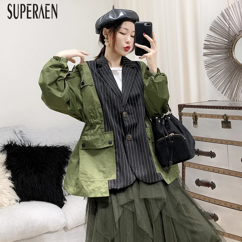 SuperAen, модный костюм в полоску, женские куртки, корейский стиль, весна и осень, новинка, женские куртки, Хлопковая женская одежда