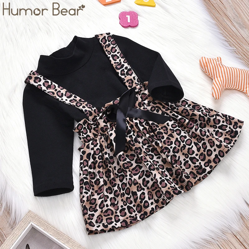 Humor Bear/весенняя одежда для маленьких девочек; черная рубашка+ леопардовое платье на бретелях; комплект одежды; Детский костюм; одежда для малышей