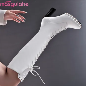 

Masgulahe 2020 new arrive fashion lace up knee high boots thick high heels square toe ladies shoes genuine leather women boots