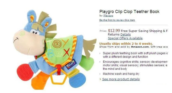 Playgro Donkey Clip хлоп Прорезыватель зубов в форме Книги Ткань Книга младенцев Ткань Книга с прорезывателем