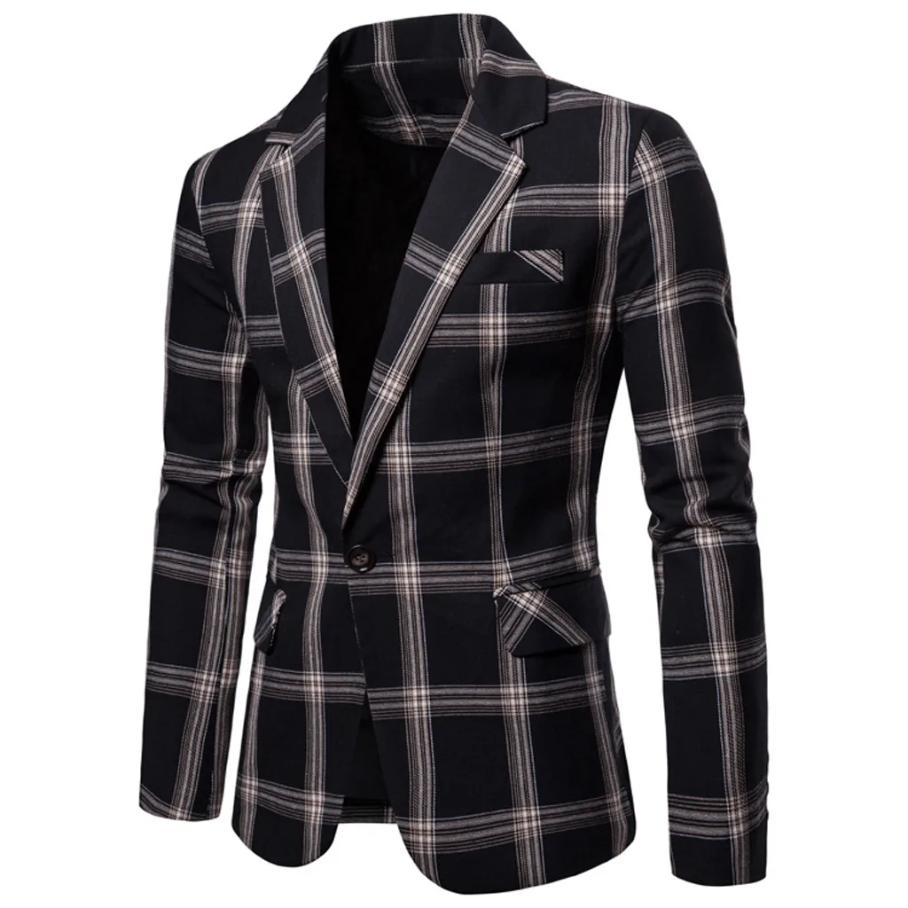 Men's Slim Button Suit Plaid Turn-down Collor tops Solid Jacket Coat Business Casual Blazer Coat Men Brand Outwear Jacket 8.12
