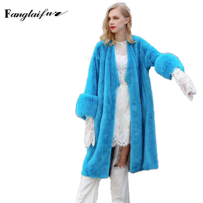 

Fang Tai Fur2019 Winter Velvet Mink Fur Overcoats For Femal Pure Color V-Neck Natural Slim Mink Coat Women's Long Real Fur Coats