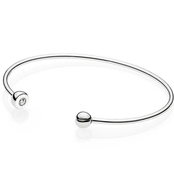 

Top Quality 925 Sterling Silver Bangle ESSENCE COLLECTION Polished Bead Open Bracelet Bangle Fit Bead Charm Fine DIY Jewelry