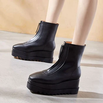 

2020 non-slip sole wedges platform high heels comfortable for walking front zipper casual shoes winter women ankle boots