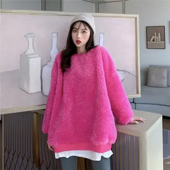 

Women Sweater Stitching Fake Two Plush Sweater Coat Loose Warm Female Sweatshirt Autumn 2XL