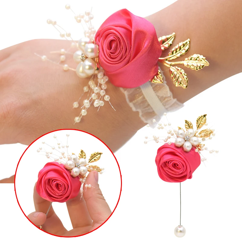 Girls Bridesmaid Wrist Flowers Wedding Prom Party Boutonniere Satin Rose Bracelet Fabric Hand Flowers Wedding Supply Accessories