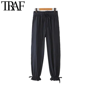 

TRAF Women Chic Fashion Pleated Pants Vintage High Elastic Waist Drawstring Female Ankle Trousers Pantalones Mujer