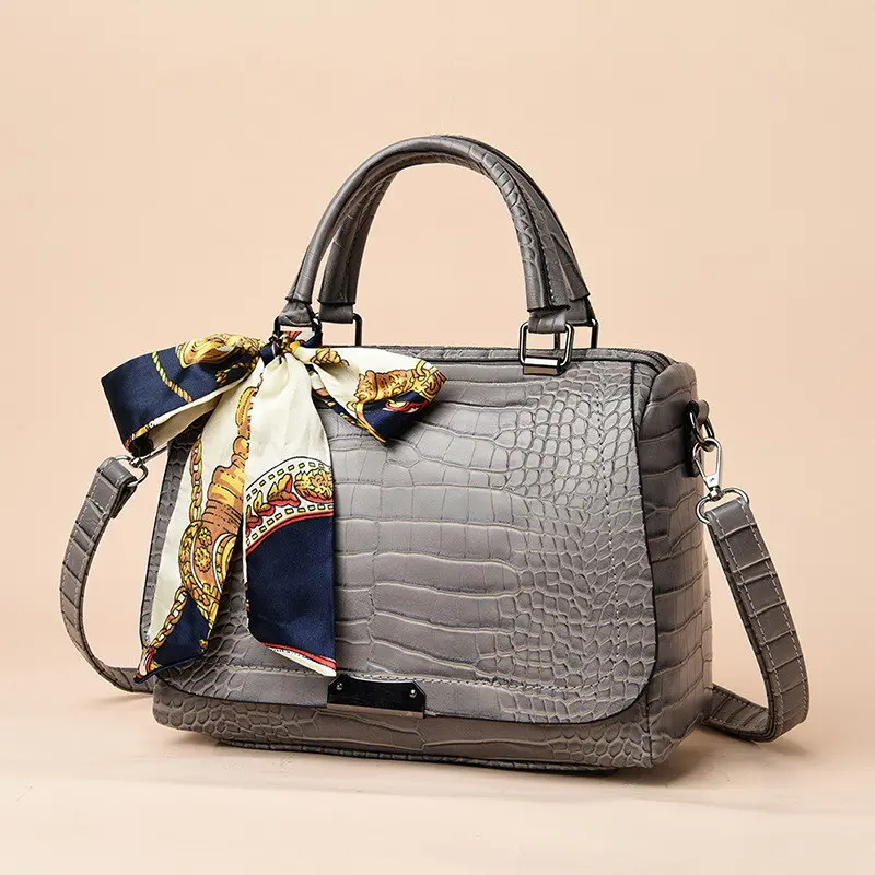 FUNMARDI Роскошные масляные восковые кожаные сумки Аллигатор дамские сумки на плечо брендовые тоут сумки ленты дизайн сумки через плечо WLHB2089 - Цвет: Серый