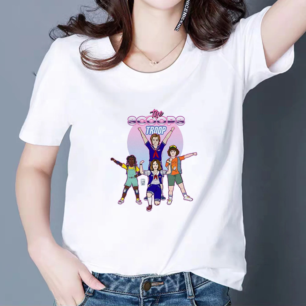 

Cute Oversize THE SCOOPS TROOP Summer Spring Print Punk Hip Hop T shirt Stranger Things Loose Female T-shirt Harajuku Tshirt