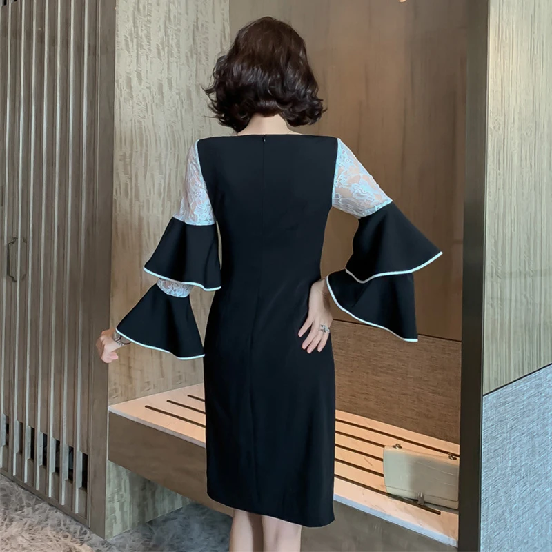 V-образным вырезом темперамент кружева сшивание трубы рукава сексуальные платья женские модные повседневные Элегантные вечерние платья новая женская одежда