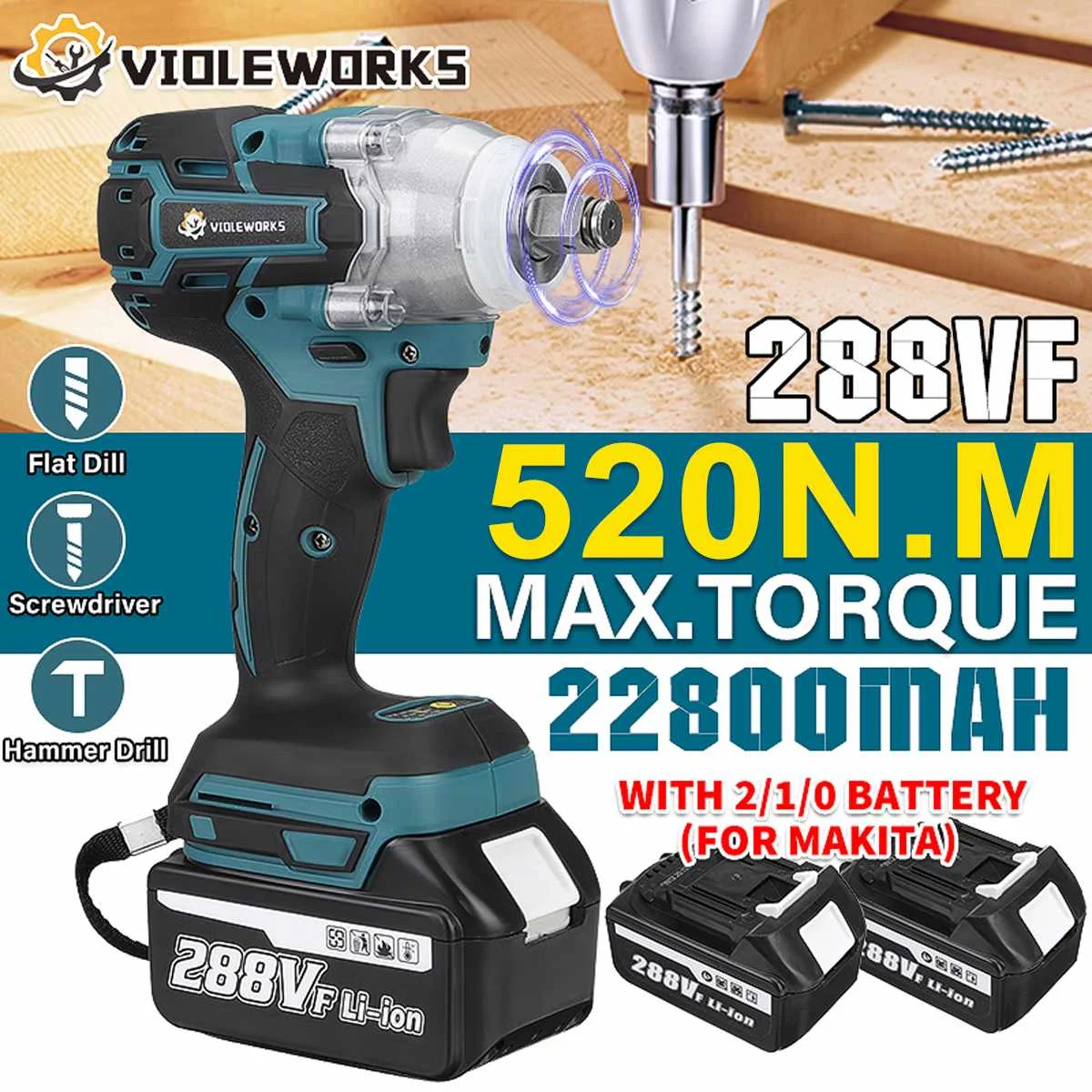 

NEW 22800mAh 288VF Brushless Electric Impact Wrench 1/2 Lithium-Ion Battery 6200rpm 520 N.M Torque 110-240V