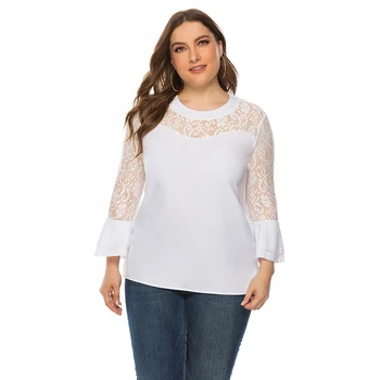 

2020 spring and summer new large size shirt women's long-sleeved solid color lace stitching top double ruffled cuffs tees