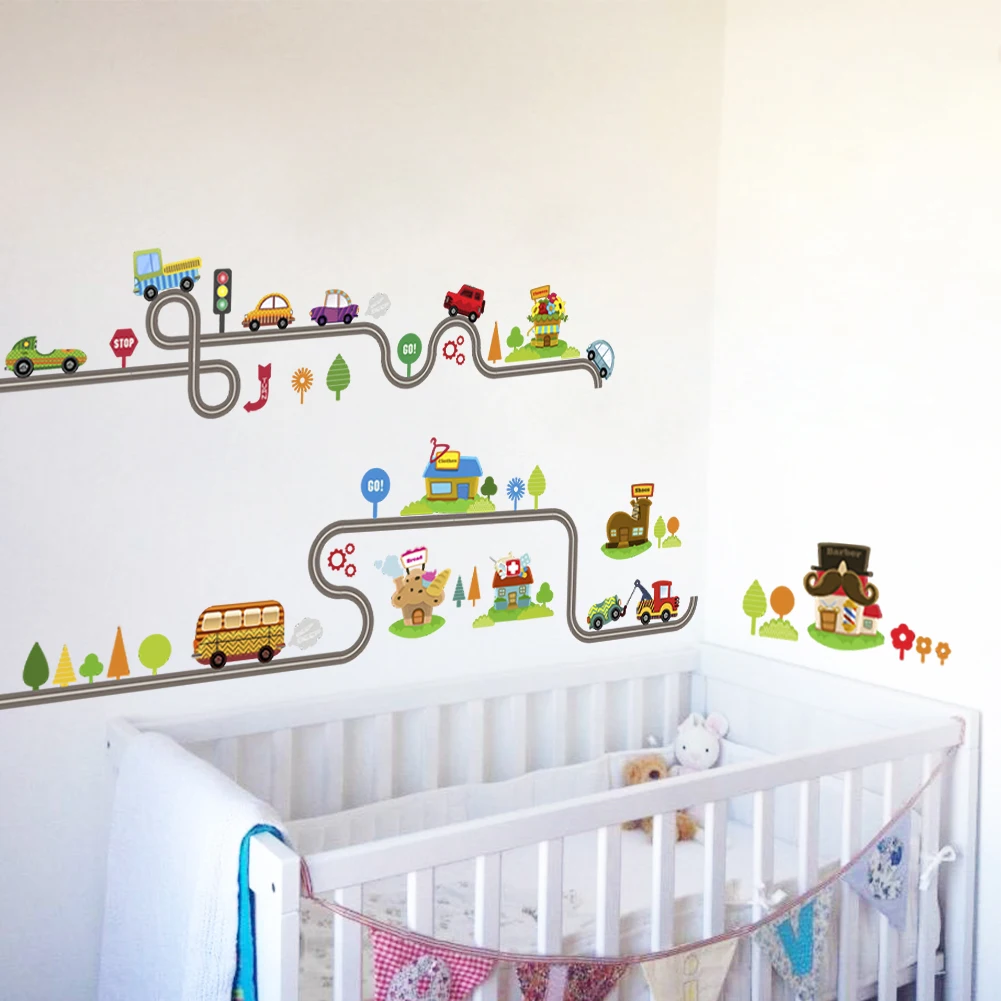 Cartoon car road track creative wall sticker for kids rooms nursery children