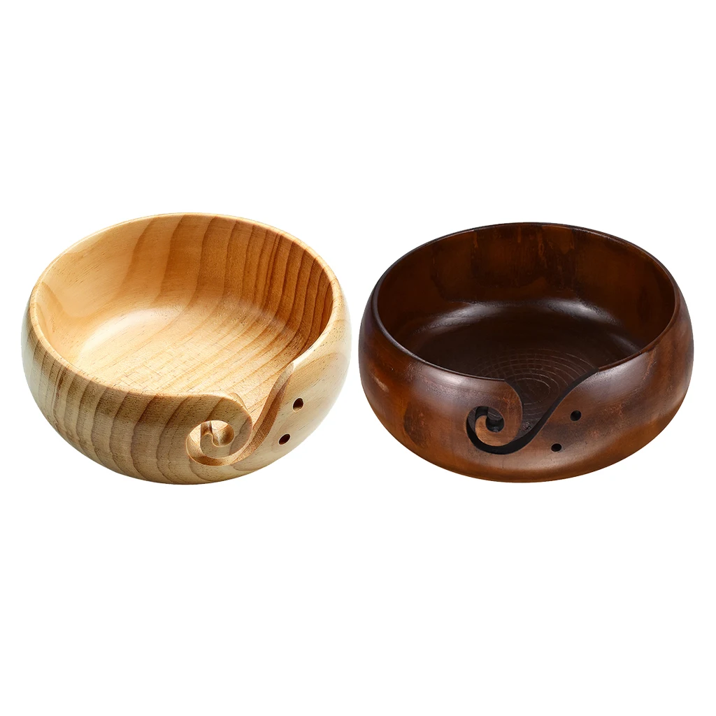 Wooden Yarn Bowl Knitting Crochet Woolen Storage Organizer Bowl With Carved Hole