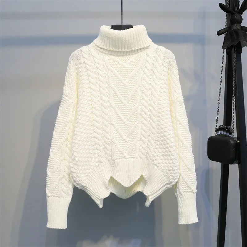 Женский пуловер с высокой горловиной, осень и зима, корейский Свободный однотонный пуловер с неровным подолом, Женский вязаный свитер