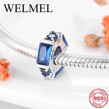 

Hot 925 Sterling Silver Square and Round blue Zircon Charms beads fit Original Diy European Charms Bracelet Jewelry making
