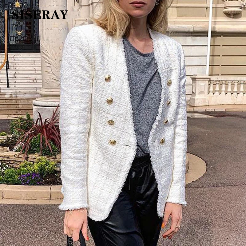 2019 Otoño Invierno Blazer chaqueta de Tweed blanco mujeres cuello V botón abrigo moda Chic borla Blazer|Chaquetas| AliExpress