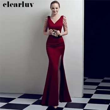 

Side Split Evening Dress Burgundy Long Slim Party Gown DX322-3 2020 Plus Size Robe De Soiree V-Neck Sleeveless Women Formal Gown