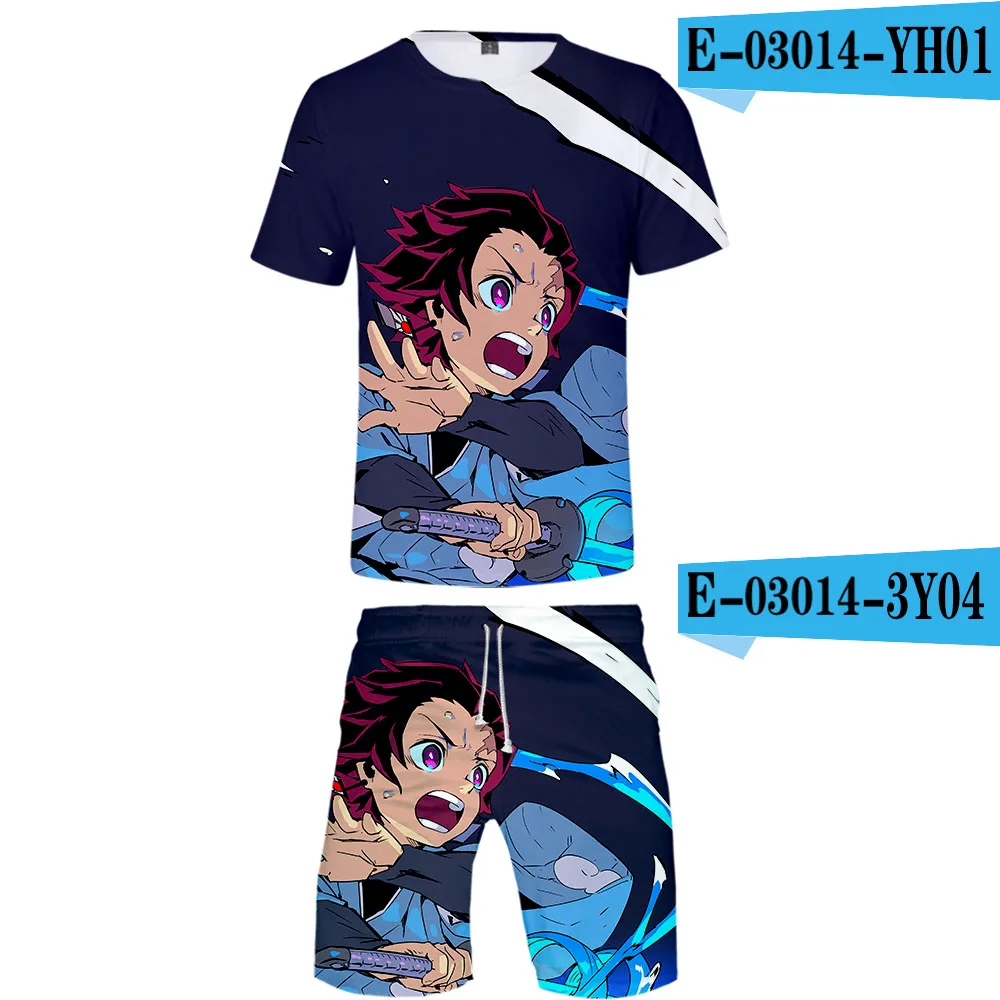 Demon Slayer Kimetsu no Yaiba Cool Harajuku Fashion New Arrival 3D Streetwear two piece set O-neck tshirt and shorts Men's Set - Цвет: Хаки