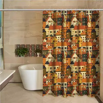 

City Precision Custom Shower Curtain Panoramic Illustration Cartoon Style Various Buildings Vintage Cityscape Print Modern