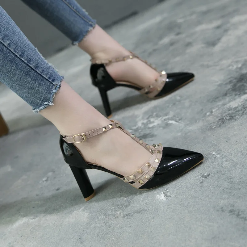 

Spring And Summer Chunky Heel Pointed-Toe T-Shape Buckle Europe And America Shoes Women's Rivet Hallow Sandals Women's Sexy High