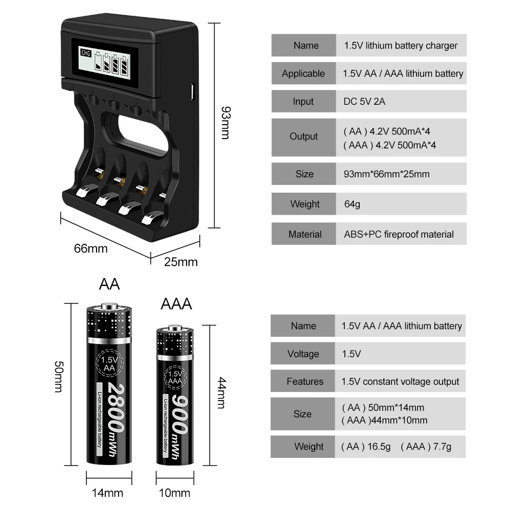 PALO 1.5V AA Li-ion Rechargeable Batteries+1.5v AAA Li-ion Rechargeable Batteries with LCD Smart 1.5V Lithium Battery Charger