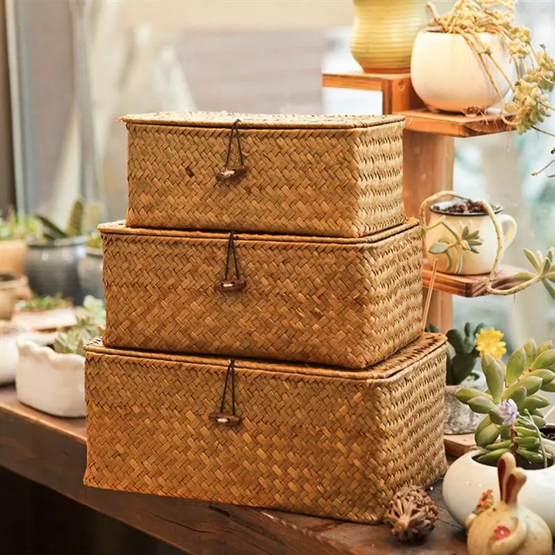 

3pcs New Seaweed With Button Woven Basket Straw Woven Debris Desktop Storage Box Hand-Woven Storage Basket