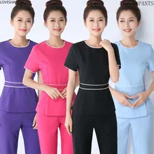 Для женщин модные скрабы комплект короткий рукав шифоновая Красота и здоровый униформа для сотрудниц спа-салонов круглый вырез горловины для ролевых игр, медсестра, высокое качество Туника большого размера