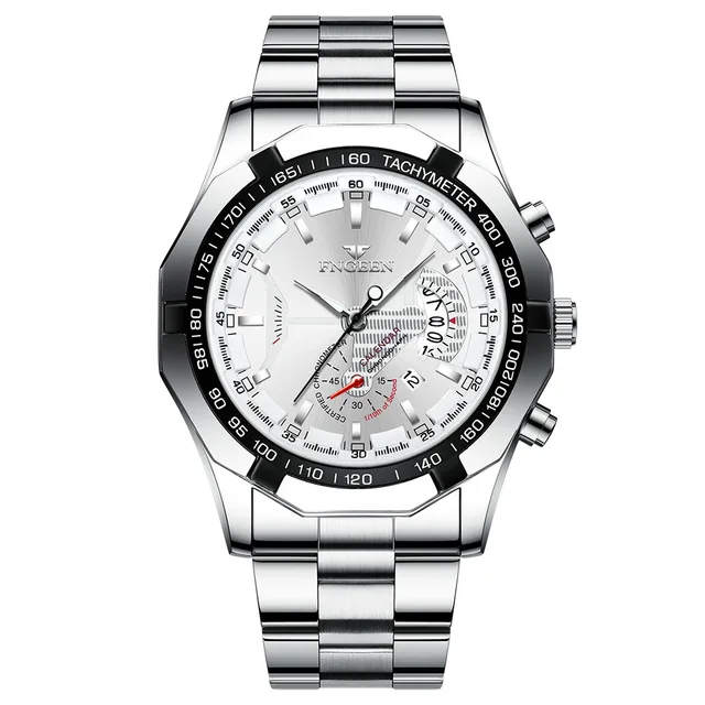 FNGEEN Luxury Men's Watches Stainless Steel Band Fashion Waterproof Quartz Watch For Man Calendar Male Clock Reloj Hombre S001 Silver White