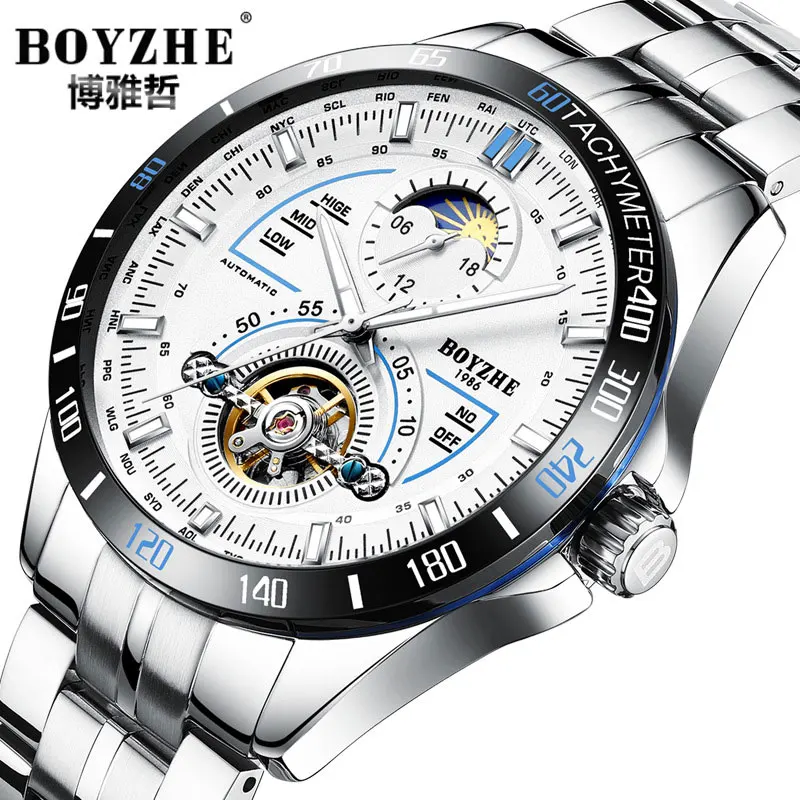 BOYZHE новые автоматические механические часы мужские Tourbillon часы Мужские 316 стальные часы 30 м водонепроницаемые спортивные часы светящиеся - Цвет: White