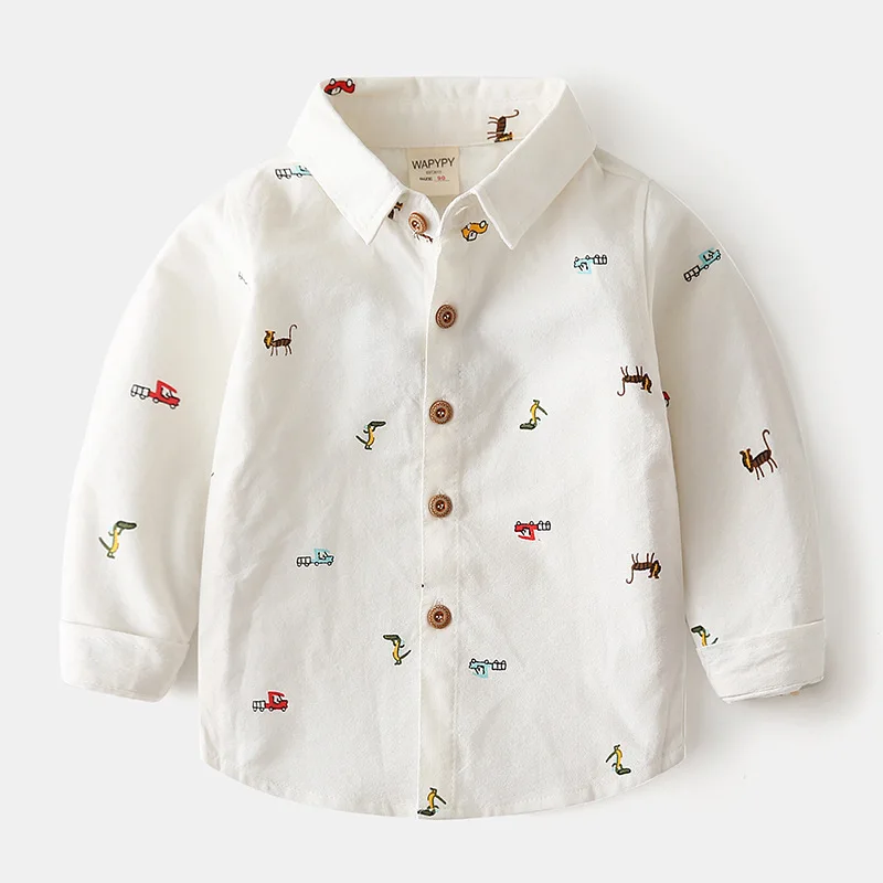 Boys Long Sleeve Shirts Cotton Oxford Car Printing Autumn