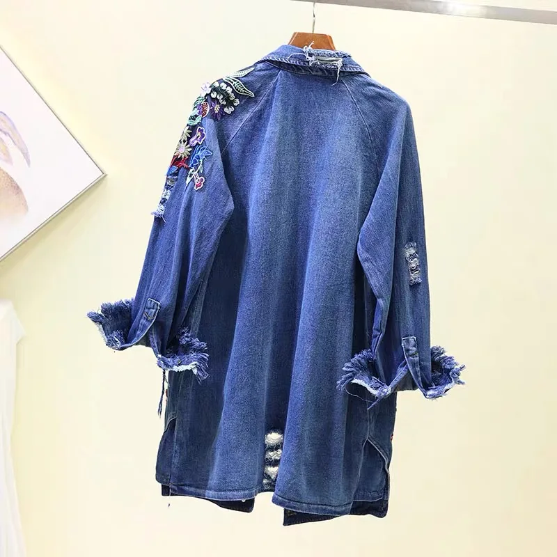 Greatest Floral Embroidery Denim Jacket Coats Women Spring Autumn Long Ripped Beading Tassel Jeans Jackets 2