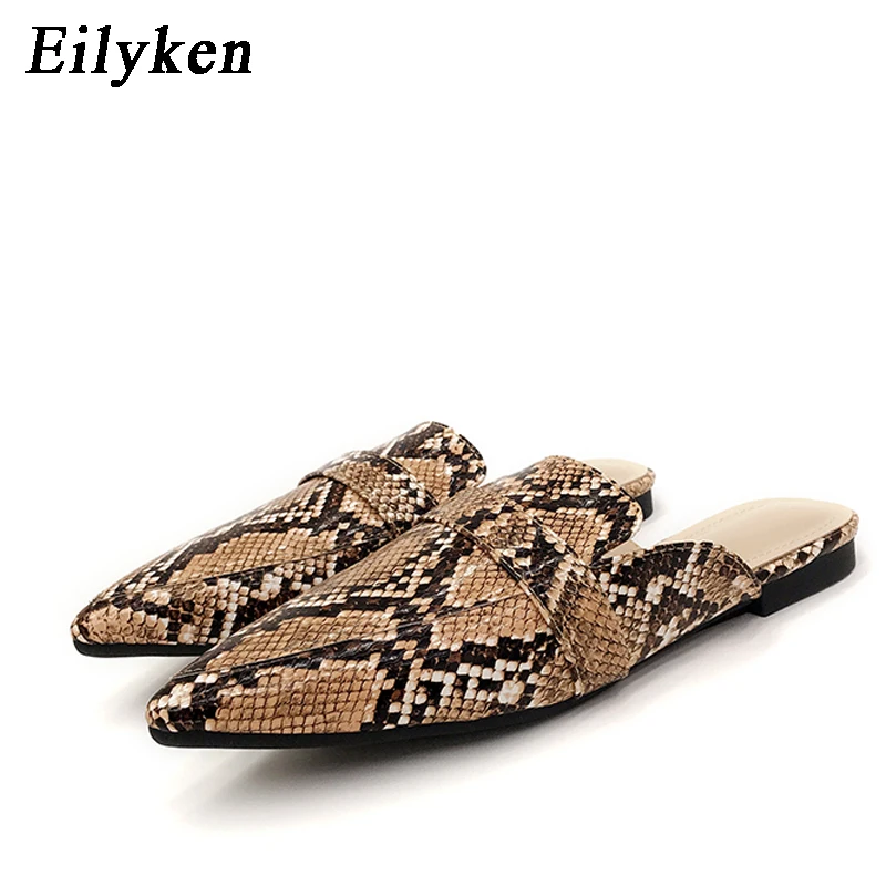 Eilyken/Коллекция года; сезон весна-осень; пикантная женская обувь на плоской подошве из флока под змеиную кожу с леопардовым принтом; Лоферы без шнуровки; вьетнамки на плоской подошве; Размеры 35-40