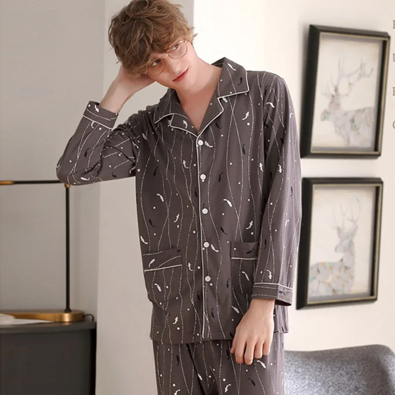 Aolamegs Men Pajamas Set Cute Striped Print Sleepwear Soft Turn-down Baggy Cartoon Comfortable Simple Style Male Homewear Autumn Aolamegs Men Pajamas Set Cute Striped Print Sleepwear Soft Turn-down Baggy Cartoon Comfortable Simple Style Male Homewear Autumn