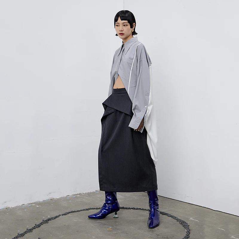 [EAM] Women Gray Blue Striped Split Big Size