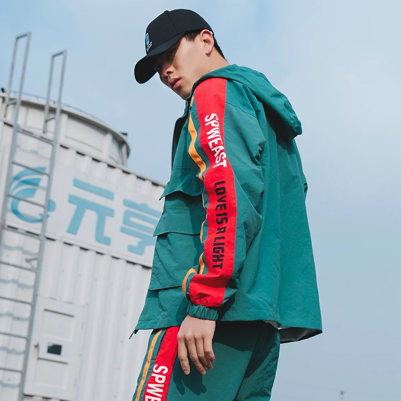 jacket - green Брендовые мужские спортивные костюмы, свободная удобная повседневная куртка+ спортивные штаны, комплект из 2 предметов, Зеленый Спортивный костюм с несколькими карманами и капюшоном для бега - Цвет: jacket - green