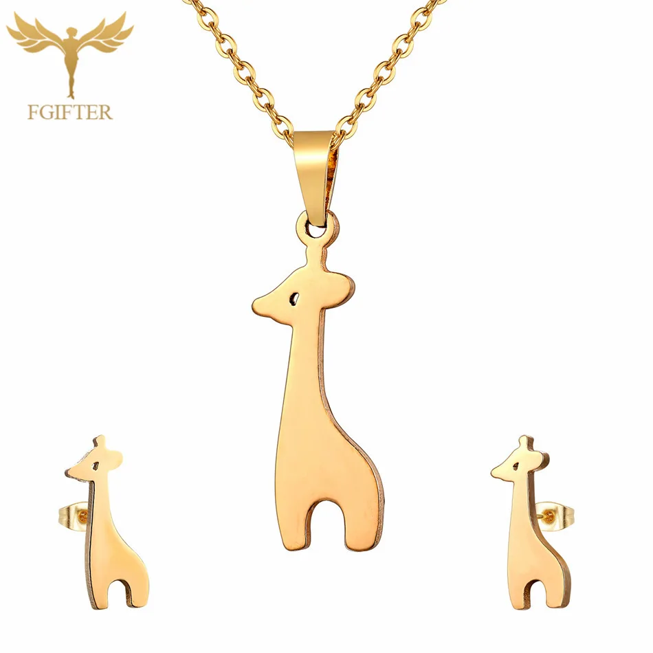 Fgift, Детский комплект ювелирных изделий для девочек, серьги-гвоздики в виде лошади, ожерелье с подвеской, ювелирные изделия из нержавеющей стали, детский подарок - Окраска металла: giraffe Jewelry Set