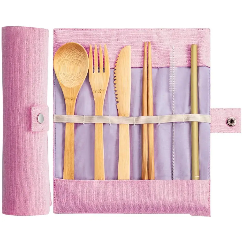 Pink Кисточки, набор из 7 шт деревянные столовые приборы набор столовых приборов из бамбука соломы набор посуды с тряпичной сумкой в комплекте ножей, вилок и ложек палочки дозирующая детская ложка для путешествия Кухня - Цвет: Pink