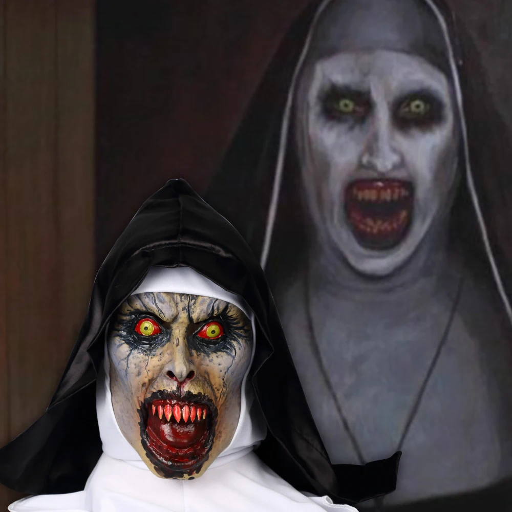 2018 The Nun Horror Mask Cosplay Valak Scary Latex Masks with Headscarf Veil Hood Full Face Helmet Horror Costume Halloween Prop (4)