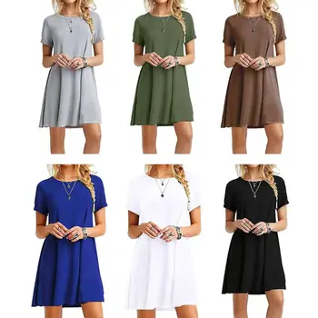 

Womens Plus Size Short Sleeves Midi Swing T-Shirt Dress Plain Solid Color Crew Neck Casual Loose Pullover Tunic Tops Vestidos