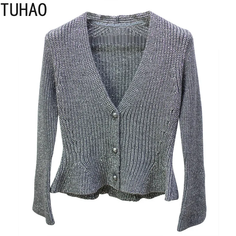 

Single Breasted Bottom Crocheted Cardigan Slim Waist Casual Sweaters Female V-neck Elegant Knitted Jacket Woman Tops T19115