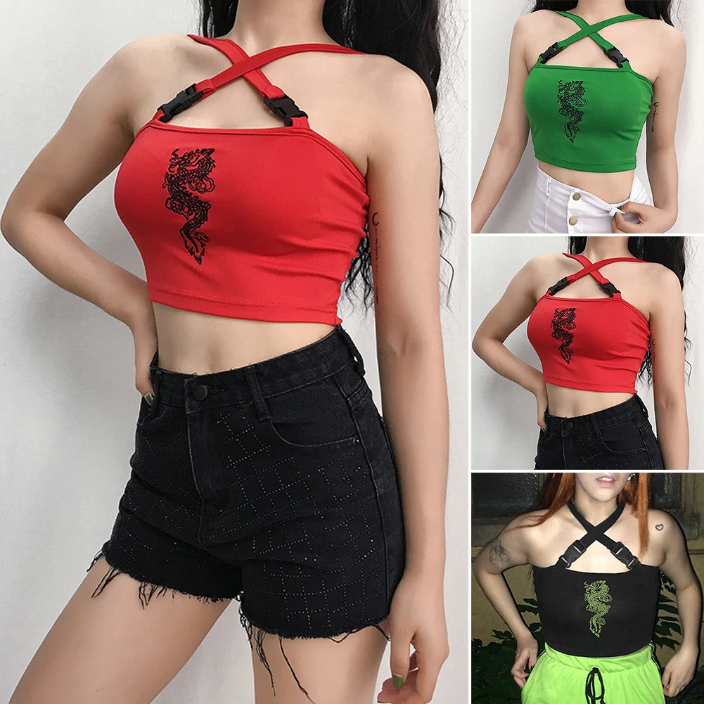 Dragon Embroidery Backless Streetwear Short Summer Fashion Beach Crop Top Tank Top Buckle Crisscross Chinese Style Slim Fit Cool