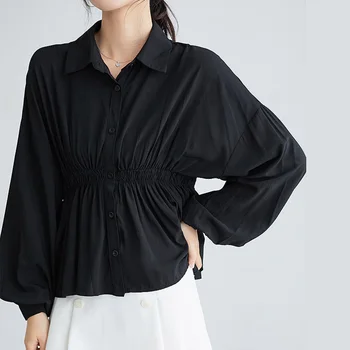 

Big Lantern Long Sleeve Women Black Blouses Ladies Shirts Cotton Turn-down Collar Elastic Waist Loose Tops Korean OL Blouse