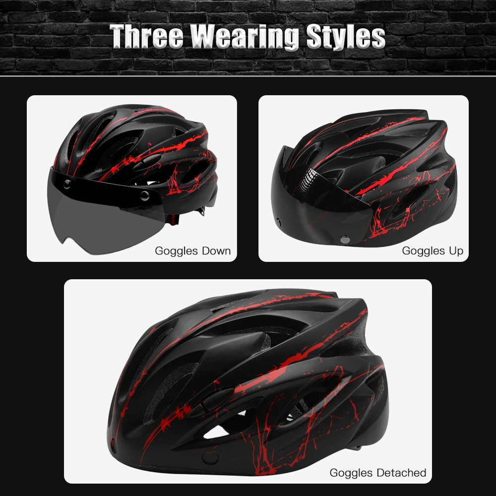 Lixada Bike Helmet Adjustable with Detachable Magnetic Goggles Mountain Road Bicycle Helmets Safety Protective Helmet 18 Vents
